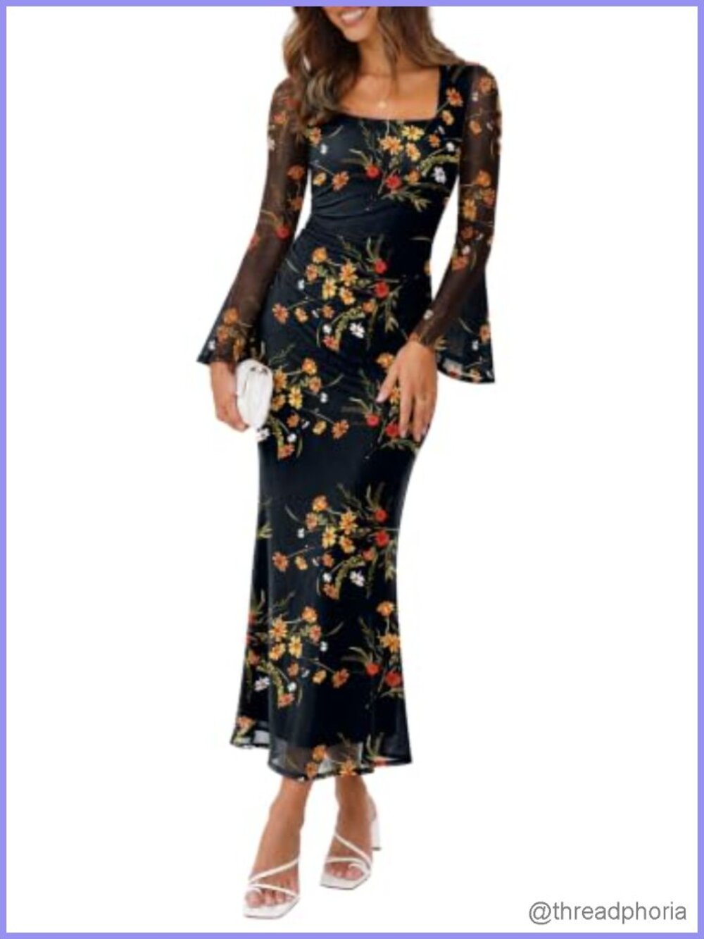 Bodycon Maxi Dress Long Sleeve Square Neck Mermaid Hem Wedding Guest Formal